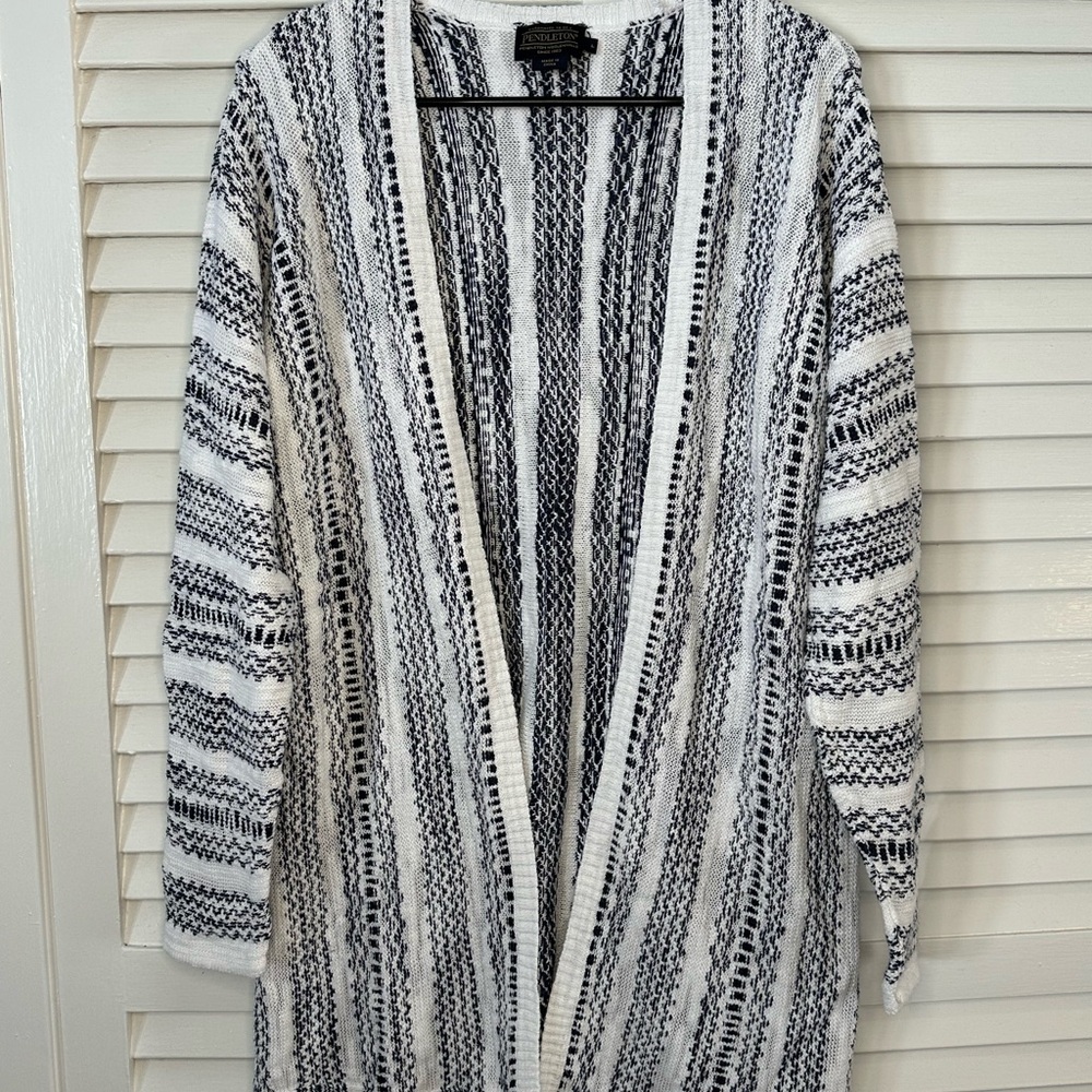 Pendleton Size L Cotton Linen Blend Navy & White Kit Open Front Cardigan